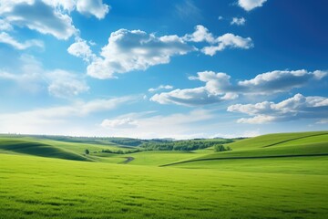 Obraz premium Natural scenic panorama Greenfield, Panoramic view of green meadow and blue sky with clouds, Ai generated