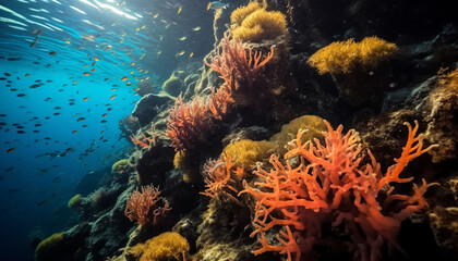 Fototapeta na wymiar Underwater reef fish in nature, swimming in blue sea generated by AI