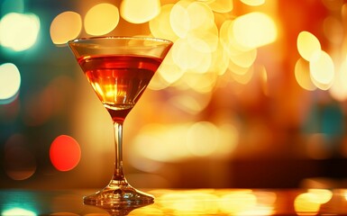 martini cocktail glass on the table with warm bokeh lights in the background. 