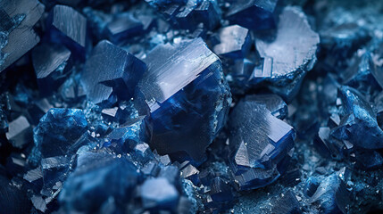 Macro close-up studio shot of cobalt mineral rocks isolated against a blue background	
