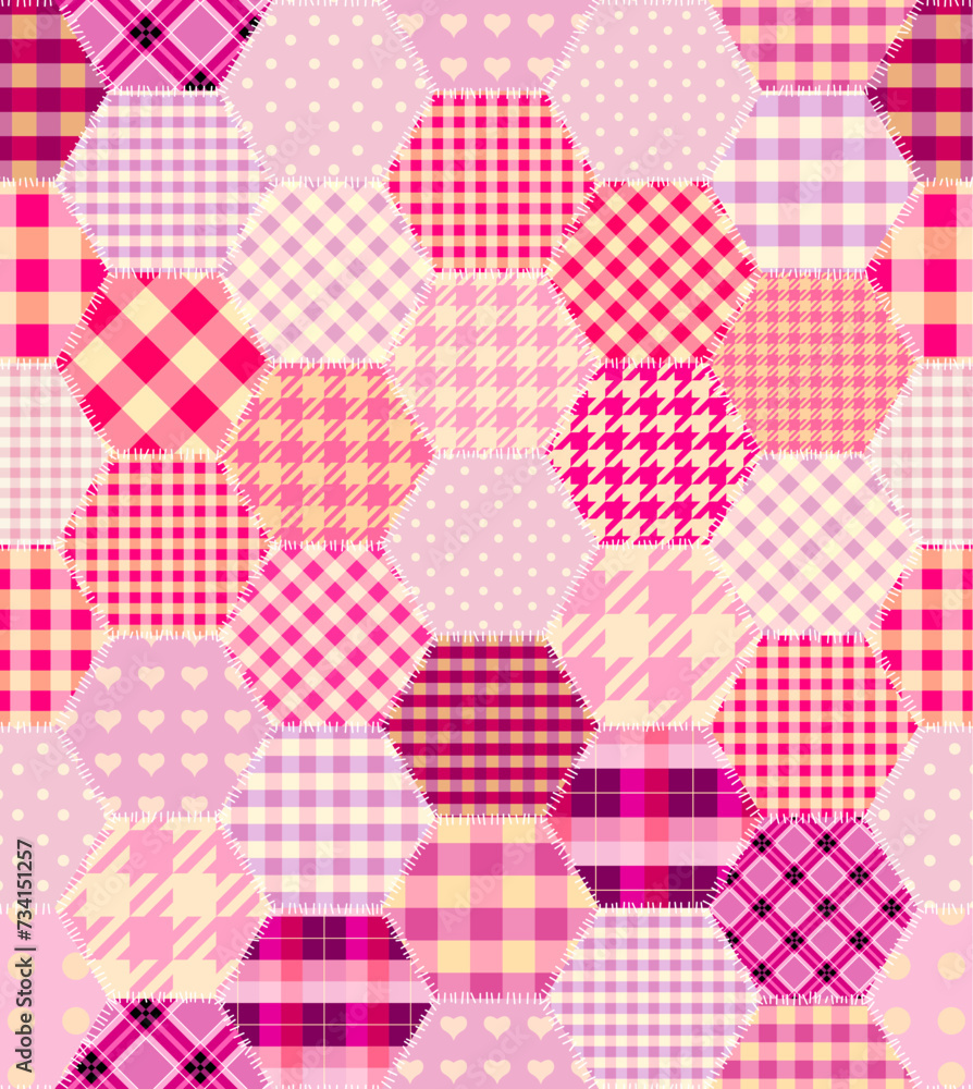 Poster Plaid pink patchwork. Hexagons pattern. Quilting design patchwork plaid pattern pink colours. Vector pattern.