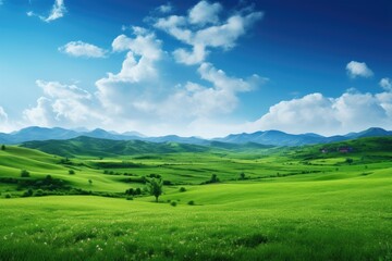 Fototapeta na wymiar Natural scenic panorama Greenfield, Panoramic view of green meadow and blue sky with clouds, Ai generated