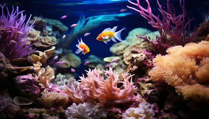 Vibrant clown fish swim below colorful coral in underwater paradise generated by AI