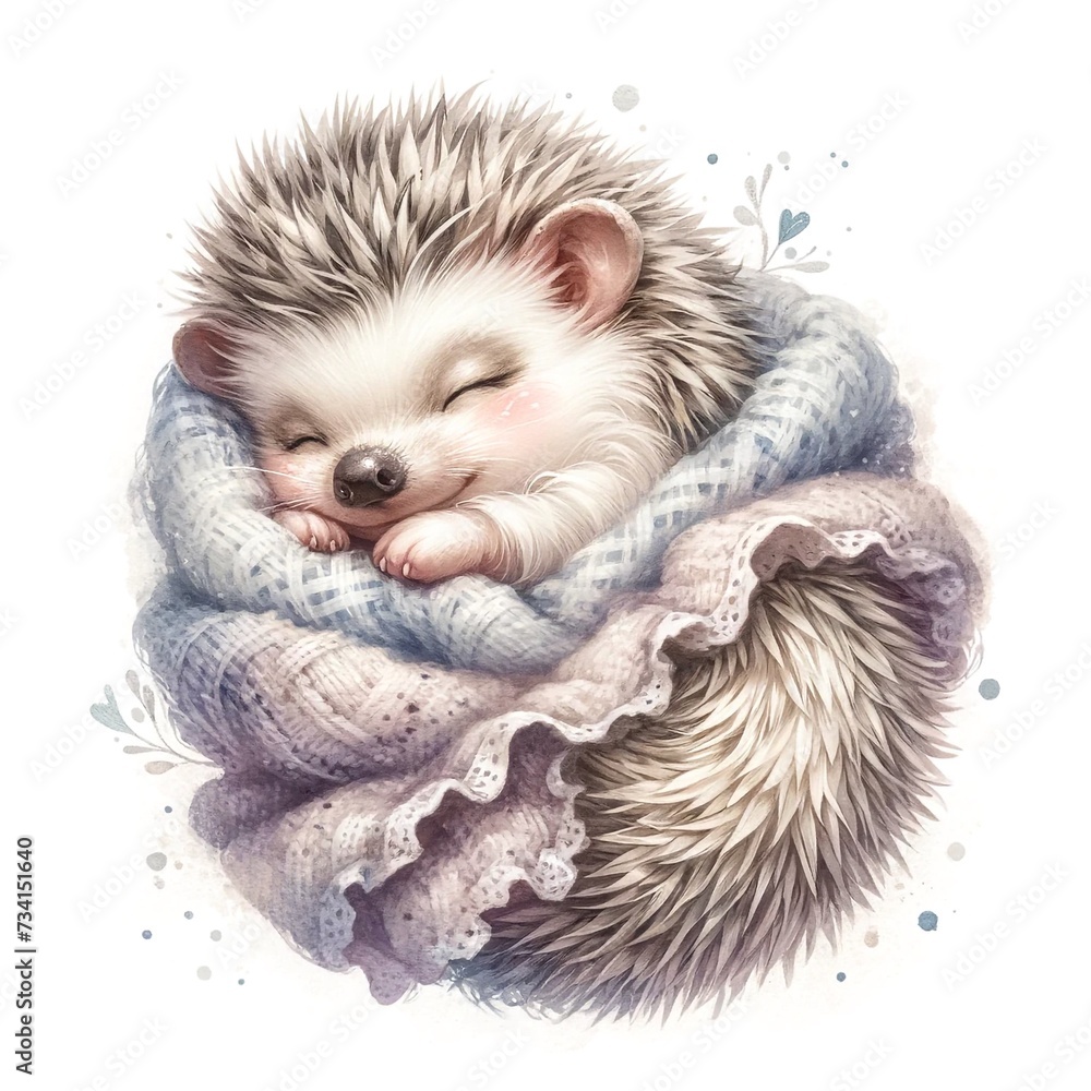 Poster whimsical sleeping hedgehog nursery illustration created with generative ai technology