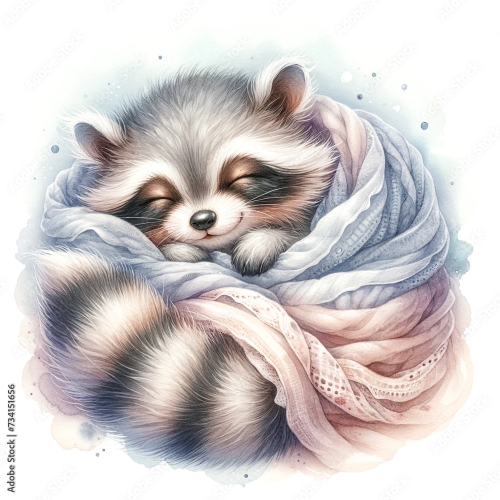 Poster whimsical sleeping raccoon nursery illustration created with generative ai technology