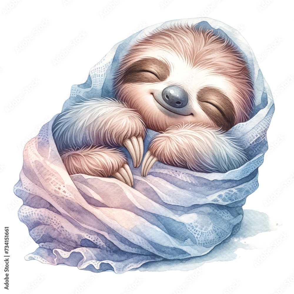 Poster Whimsical sleeping sloth nursery illustration created with Generative AI technology
