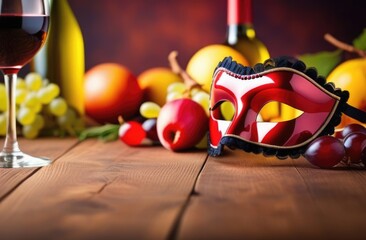 Purim, traditional Jewish dish, national Jewish cuisine, festive carnival mask, bottle of wine, bunches of grapes, fruits on a wooden table - Powered by Adobe