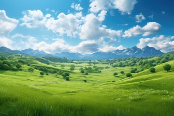Natural scenic panorama Greenfield, Panoramic view of green meadow and blue sky with clouds, Ai generated