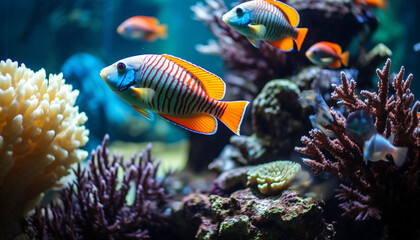 Fototapeta na wymiar Colorful clown fish swim in a vibrant underwater reef generated by AI