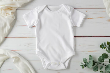 White cotton baby short sleeve bodysuit on white wooden background. Infant onesie mockup. Blank gender neutral newborn bodysuit template mock up. Top view, flat lay, copy space for text