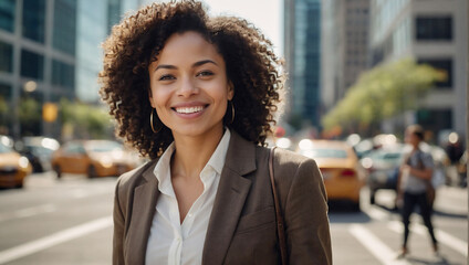 Portrait of happy African american business woman on city street urban background. Young professional black woman manager looking at camera