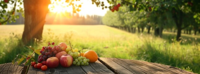 Farm wood nature field fruit table product grass garden background stand green food. Nature wood landscape morning farm outdoor sky podium forest stump beauty sun scene platform view beautiful trunk - obrazy, fototapety, plakaty