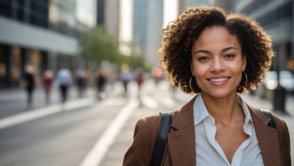 Portrait of confident African american business woman on city street urban background. Young professional black woman manager looking at camera