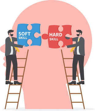 Businessman holding two pieces between Hard VS Soft Skills Concept on big head human Idea Development ,Multiple Intelligences Vector Illustration

