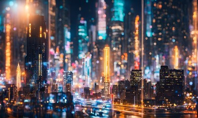 Fototapeta na wymiar Abstract cityscape at night with futuristic financial elements