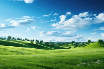 Fototapeta premium Natural scenic panorama Greenfield, Panoramic view of green meadow and blue sky with clouds, Ai generated