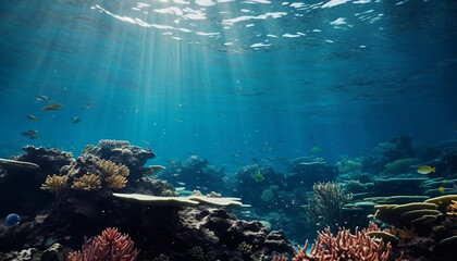 Underwater reef, fish, nature, water, blue, tropical climate, coral generated by AI