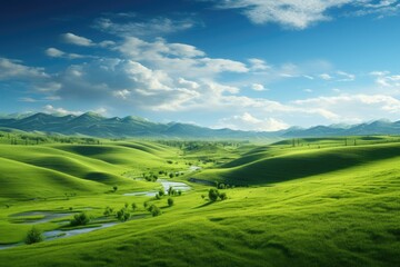 Fototapeta premium Natural scenic panorama Greenfield, Panoramic view of green meadow and blue sky with clouds, Ai generated