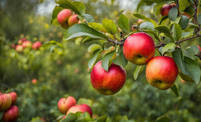 Ripe apple tree in foreground, soft-focus garden