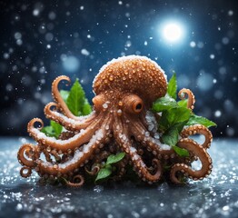 Fototapeta premium Frozen octopus on a dark background with snowflakes.