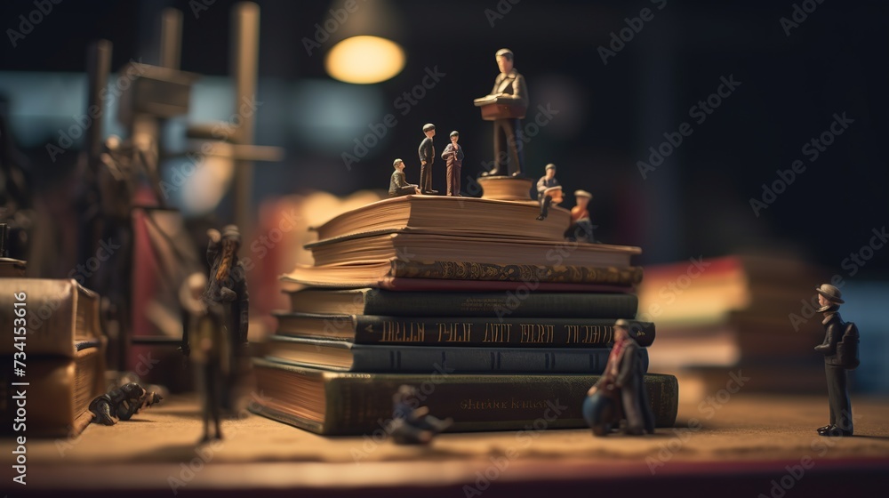 Wall mural People or students reading studying and preparing for examination sitting on stack of giant books or beside it. Set of book lovers, readers, modern literature fans. Generative AI - Wall murals