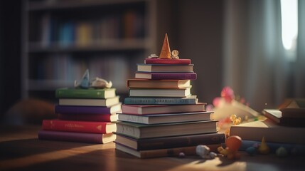 Stack of books on the wooden table.  Reading or studying concept. A lot of colorful children's books with small kids toys on a top. Back to school horizontal view, children's room. Generative Ai