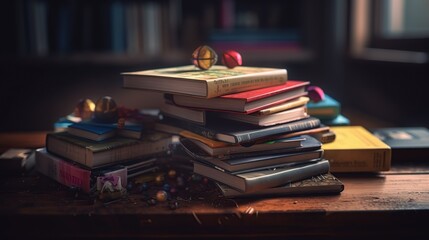 Stack of books on the wooden table.  Reading or studying concept. A lot of colorful children's books with small kids toys on a top. Back to school horizontal view, children's room. Generative Ai
