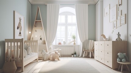 Cozy children's room interior. Scandi-Boho style neutral unisex children room interior background. Mock up frame. Baby crib in pastel colored nursery. Wooden chair and table. Generative Ai