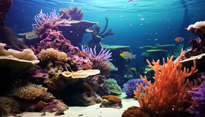 Fototapeta na wymiar Underwater reef, fish, nature beauty, multi colored aquatic sea life generated by AI