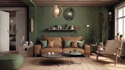 Living room interior designed in an eclectic way combining Scandinavian, Japandi and boho styles. Natural materials like wood and woven fabrics create a cohesive whole with warm colors. 3D render - obrazy, fototapety, plakaty