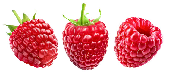 Set of three ripe raspberries isolated on a white background. - obrazy, fototapety, plakaty