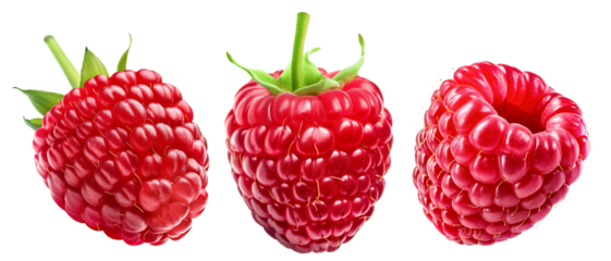 Set of three ripe raspberries isolated on a white background.