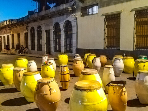 Group of drums from a candombe comparsa in the street