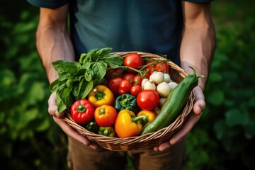 The farmer holds a basket with Organic Vegetables , A delighted young farmer holds a basket of fresh vegetables in a natural setting, symbolizing organic, eco-friendly, Ai generated