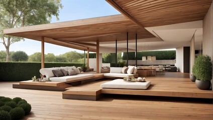 Modern, Sleek Interior Design of a Wooden Patio Design with interior design, sofas, sittings, firewood,  for relaxation and peaceful home decor