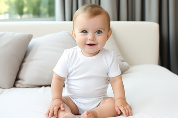Portrait of smiling cute little baby sitting on bed at home. Kid wearing blank solid white baby bodysuit onesie. Blank gender neutral newborn bodysuit template mock up