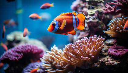 Naklejka na ściany i meble Vibrant clown fish swimming in colorful coral reef underwater generated by AI