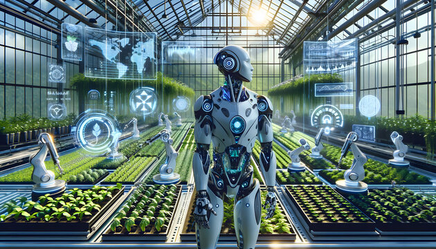 Ferme futuriste avec robot humaoide