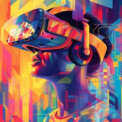 Vibrant Digital Art of Woman in VR Headset