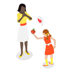 3D Isometric Flat Vector Illustration of Child Behavior, Kids with Good Manners. Item 3