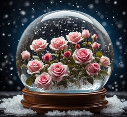 Beautiful pink roses in a snow globe on a dark wooden background.