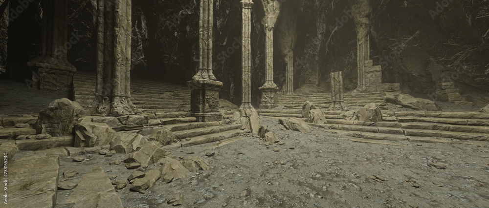 Poster ancient fantasy medieval temple ruin built into a rocky mountain cave. panoramic 3d render.