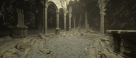 Fantasy old medieval temple ruin in a rocky mountain cave with crumbling stone columns. Wide cinematic 3D illustration.
