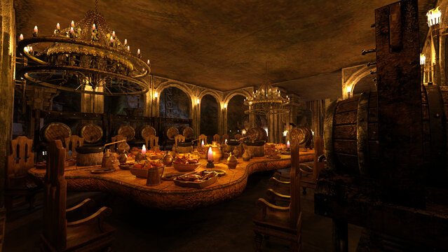 Medieval fantasy dining room in a mountain cave dwarf home with food and drink on the table surrounded by wooden barrels of wine and ale. 3D illustration.
