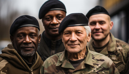 A group of smiling adults in military uniform, looking at camera generated by AI