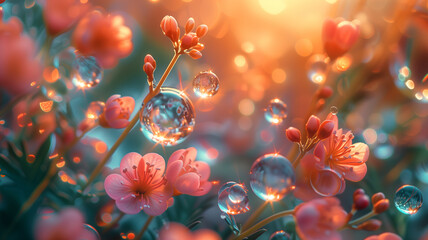 Pink flowers with dewdrops in the glory morning light, magic and beautiful natural