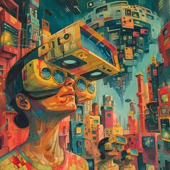 Vivid Cyberpunk Cityscape with Futuristic Woman Wearing Techno Glasses