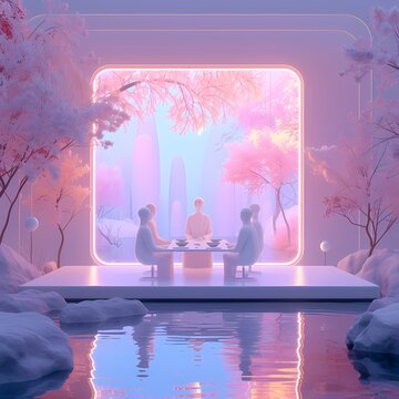 Serene Outdoor Business Meeting with Neon Frame in Ethereal Landscape © RobertGabriel