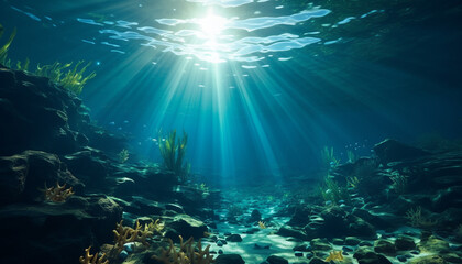 Swimming below, exploring deep, underwater adventure in tropical paradise generated by AI