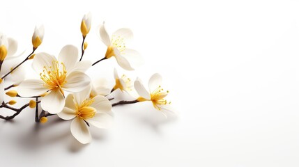 Fototapeta na wymiar Beautiful delicate spring flowers for white background, flat lay